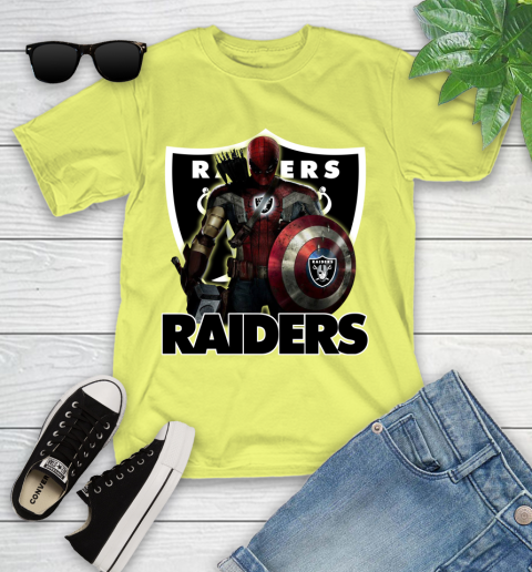 NFL Captain America Thor Spider Man Hawkeye Avengers Endgame Football Oakland Raiders Youth T-Shirt 8