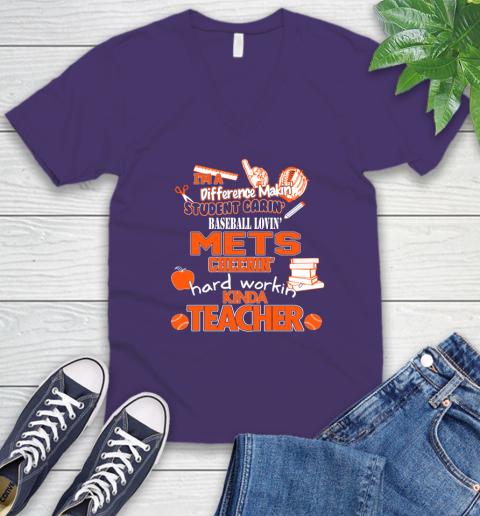 New York Mets MLB I'm A Difference Making Student Caring Baseball Loving Kinda Teacher V-Neck T-Shirt 9