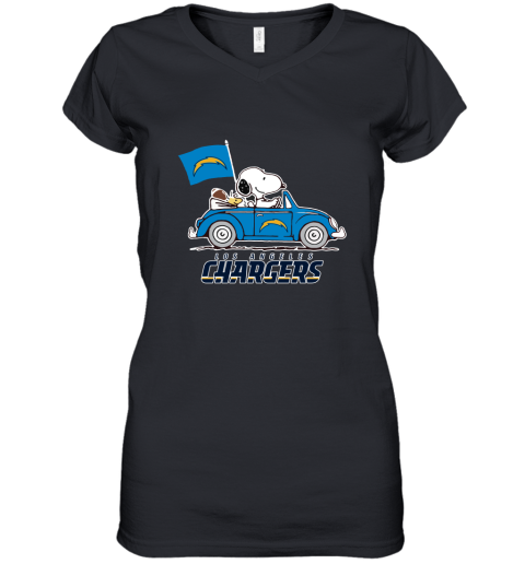 Snoopy And Woodstock Ride The Los Angeles Chargers Car NFL Women's V-Neck T-Shirt