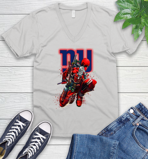 NFL Deadpool Marvel Comics Sports Football New York Giants V-Neck T-Shirt