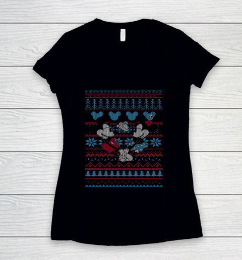Disney Mickey And Minnie Mouse Christmas Ugly Sweater Style Women s V Neck T Shirt
