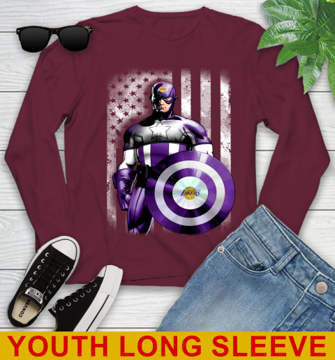 Los Angeles Lakers NBA Basketball Captain America Marvel Avengers American Flag Shirt Youth Long Sleeve 6