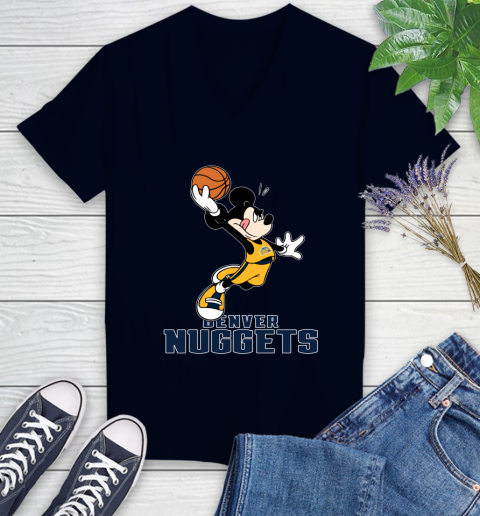 NBA Basketball Denver Nuggets Cheerful Mickey Mouse Shirt Women's V-Neck T-Shirt 3