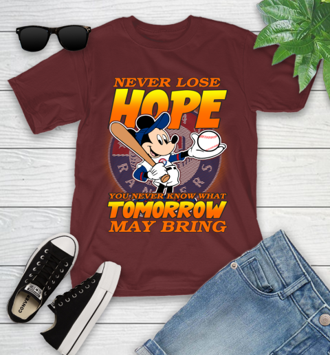 Texas Rangers MLB Baseball Mickey Disney Never Lose Hope Youth T-Shirt 14