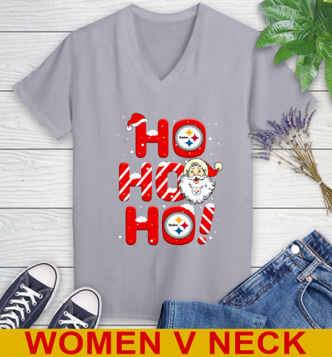 Pittsburgh Steelers NFL Football Ho Ho Ho Santa Claus Merry Christmas Shirt Women's V-Neck T-Shirt 4
