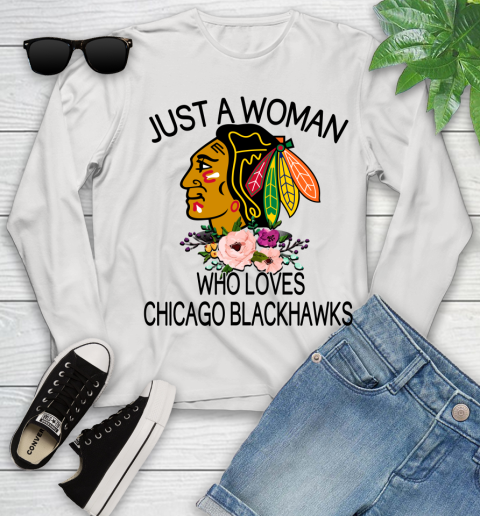NHL Just A Woman Who Loves Chicago Blackhawks Hockey Sports Youth Long Sleeve