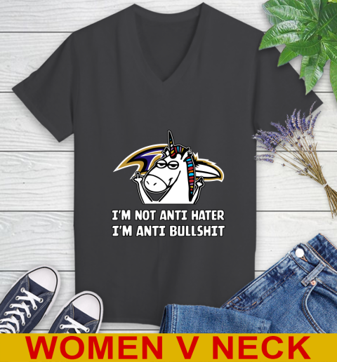 Baltimore Ravens NFL Football Unicorn I'm Not Anti Hater I'm Anti Bullshit Women's V-Neck T-Shirt 9