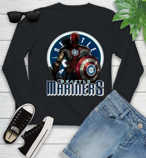 MLB Captain America Thor Spider Man Hawkeye Avengers Endgame Baseball Seattle Mariners Youth Long Sleeve 2