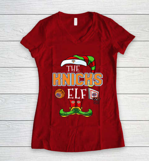 New York Knicks Christmas ELF Funny NBA Women's V-Neck T-Shirt 8