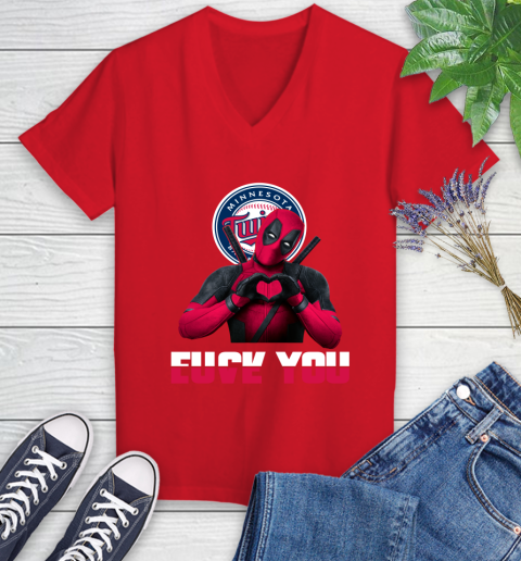 MLB Minnesota Twins Deadpool Love You Fuck You Baseball Sports Women's V-Neck T-Shirt 11