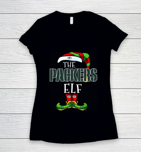 Green Bay Packers Christmas ELF Funny NFL Women's V-Neck T-Shirt