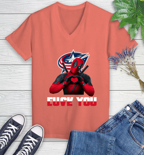 NHL Columbus Blue Jackets Deadpool Love You Fuck You Hockey Sports Women's V-Neck T-Shirt 6