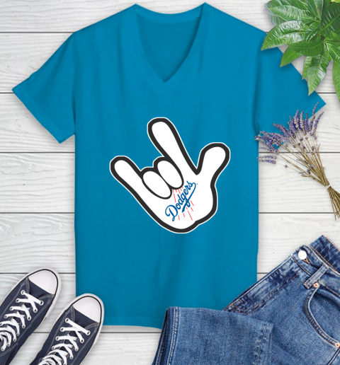 Los Angeles Dodgers MLB Baseball Mickey Rock Hand Disney Women's V-Neck T-Shirt 7