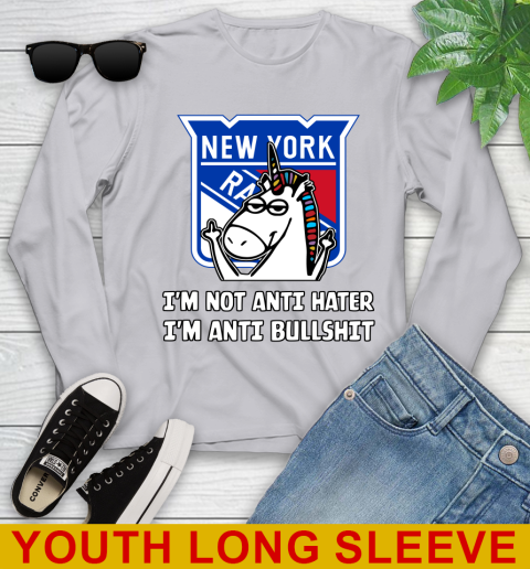 New York Rangers NHL Hockey Unicorn I'm Not Anti Hater I'm Anti Bullshit Youth Long Sleeve 6