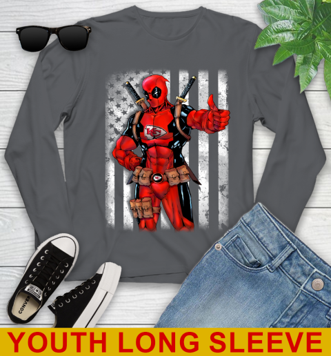 NFL Football Kansas City Chiefs Deadpool American Flag Shirt Youth Long Sleeve 9