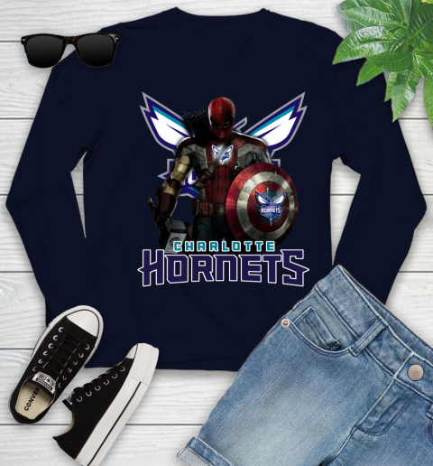 Charlotte Hornets NBA Basketball Captain America Thor Spider Man Hawkeye Avengers Youth Long Sleeve 3