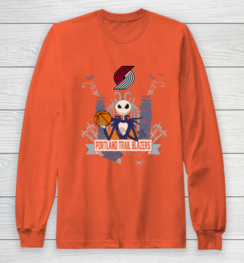 NBA Portland Trail Blazers Basketball Jack Skellington Halloween Long Sleeve T-Shirt 3