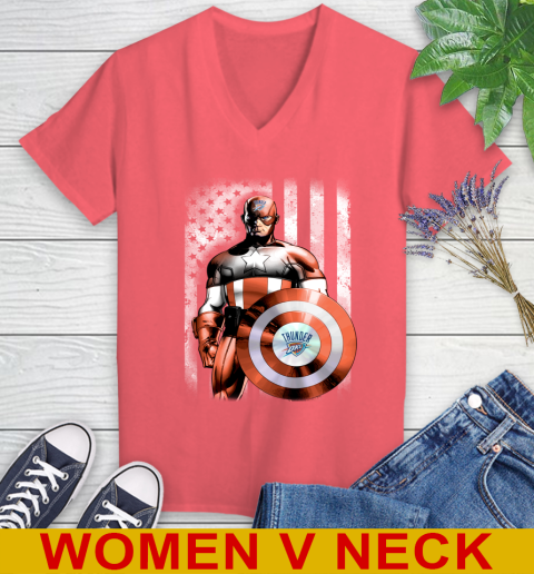 Oklahoma City Thunder NBA Basketball Captain America Marvel Avengers American Flag Shirt Women's V-Neck T-Shirt 6