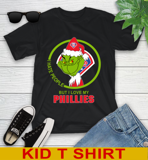 Philadelphia Phillies MLB Christmas Grinch I Hate People But I Love My Favorite Baseball Team Youth T-Shirt 2