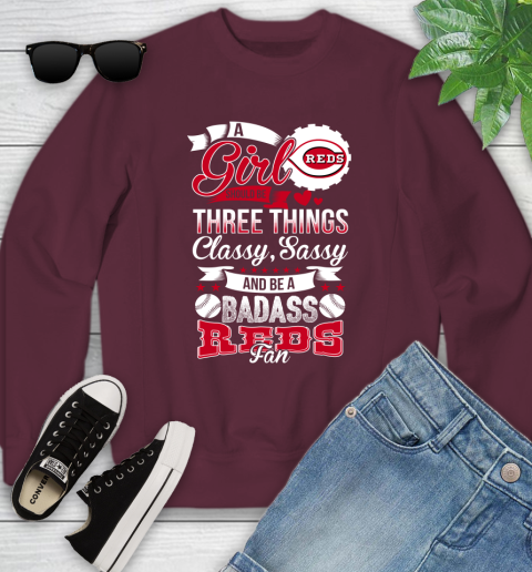 Cincinnati Reds MLB Baseball A Girl Should Be Three Things Classy Sassy And A Be Badass Fan Youth Sweatshirt - Image 5
