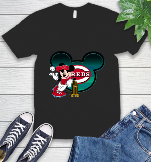 MLB Cincinnati Reds The Commissioner's Trophy Mickey Mouse Disney V-Neck T-Shirt 2