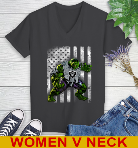 Oakland Raiders Hulk Marvel Avengers NFL Football American Flag Women's V-Neck T-Shirt 8