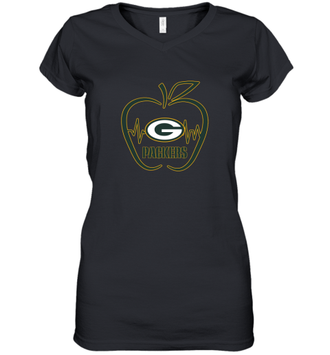 Apple Heartbeat Teacher Symbol Green Bay Packers Women's V-Neck T-Shirt