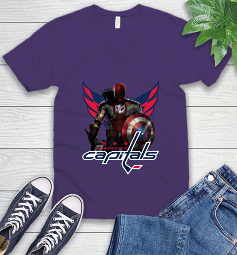 NHL Captain America Thor Spider Man Hawkeye Avengers Endgame Hockey Washington Capitals V-Neck T-Shirt 11 NHL Captain America Thor Spider Man Hawkeye Avengers Endgame Hockey Washington Capitals V-Neck T-Shirt - Image 11