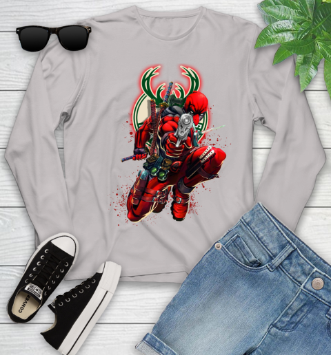 NBA Deadpool Marvel Comics Sports Basketball Milwaukee Bucks Youth Long Sleeve 12