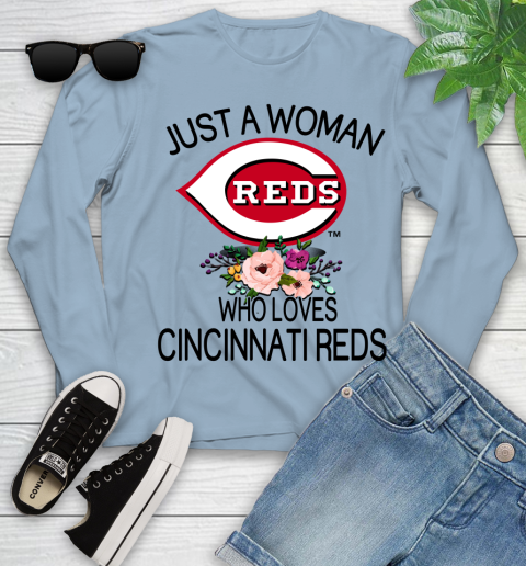 MLB Just A Woman Who Loves Cincinnati Reds Baseball Sports Youth Long Sleeve 6