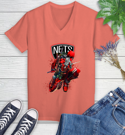 NBA Deadpool Marvel Comics Sports Basketball Brooklyn Nets Women's V-Neck T-Shirt 6