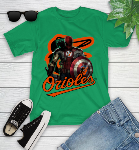MLB Captain America Thor Spider Man Hawkeye Avengers Endgame Baseball Baltimore Orioles Youth T-Shirt 6