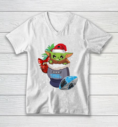 Carolina Panthers Christmas Baby Yoda Star Wars Funny Happy NFL V-Neck T-Shirt 2