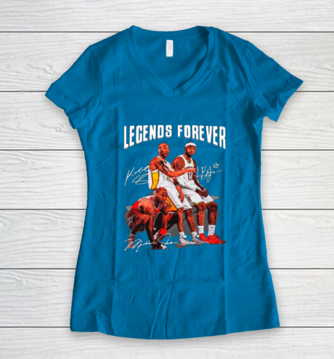 Kobe Bryant Lebron James And Michael Jordan Legends Forever Signatures Women's V-Neck T-Shirt 5