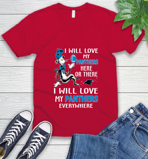 NFL Football Carolina Panthers I Will Love My Panthers Everywhere Dr Seuss Shirt V-Neck T-Shirt 6