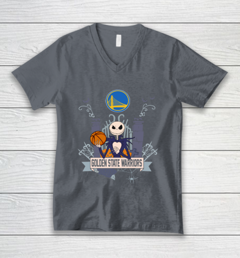 NBA Golden State Warriors Basketball Jack Skellington Halloween V-Neck T-Shirt 4