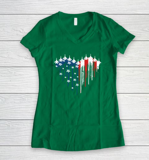Retro Fighter Jet Airplane American Flag Heart 4th Of July Women's V-Neck T-Shirt 3