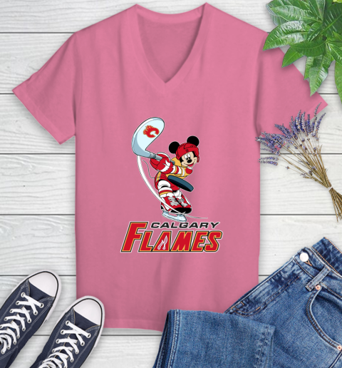 NHL Hockey Calgary Flames Cheerful Mickey Mouse Shirt Women's V-Neck T-Shirt 11
