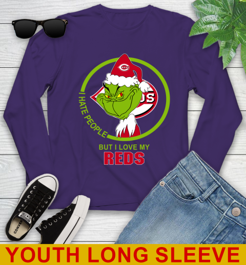 Cincinnati Reds MLB Christmas Grinch I Hate People But I Love My Favorite Baseball Team Youth Long Sleeve 5
