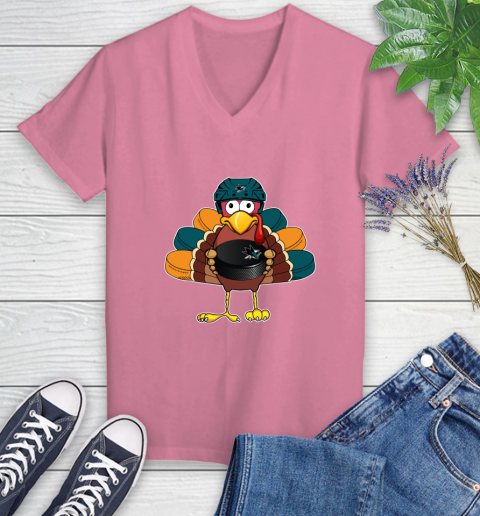 San Jose Sharks Turkey Thanksgiving Day Women's V-Neck T-Shirt 13