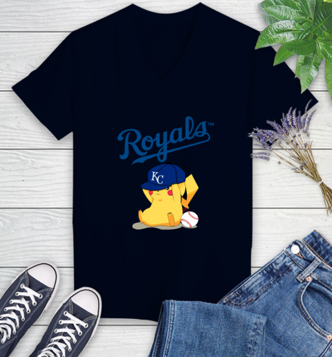 MLB Pikachu Baseball Sports Kansas City Royals Women's V-Neck T-Shirt 3