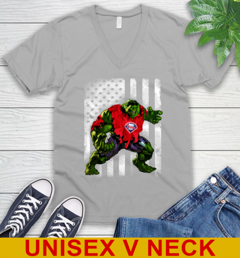 Philadelphia Phillies Hulk Marvel Avengers MLB Baseball American Flag V-Neck T-Shirt 3