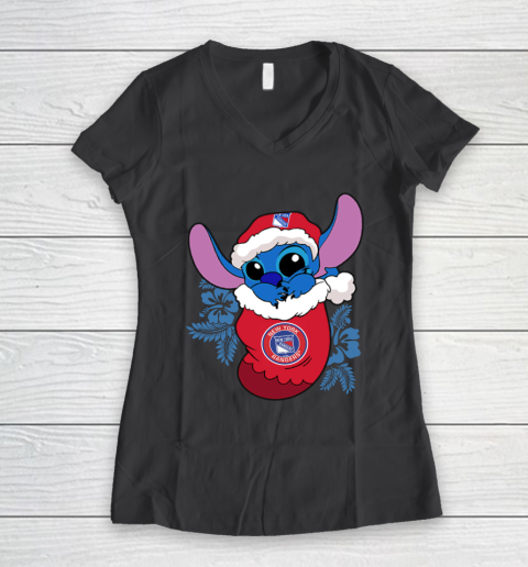 New York Rangers Christmas Stitch In The Sock Funny Disney NHL Women's V-Neck T-Shirt 8
