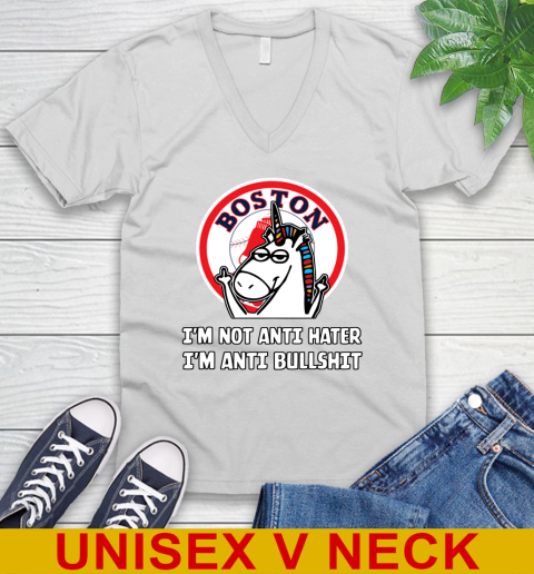 Boston Red Sox MLB Baseball Unicorn I'm Not Anti Hater I'm Anti Bullshit V-Neck T-Shirt