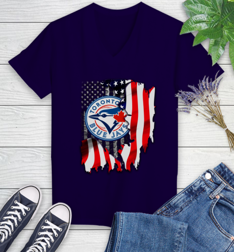 Toronto Blue Jays MLB Baseball American Flag Women's V-Neck T-Shirt 3