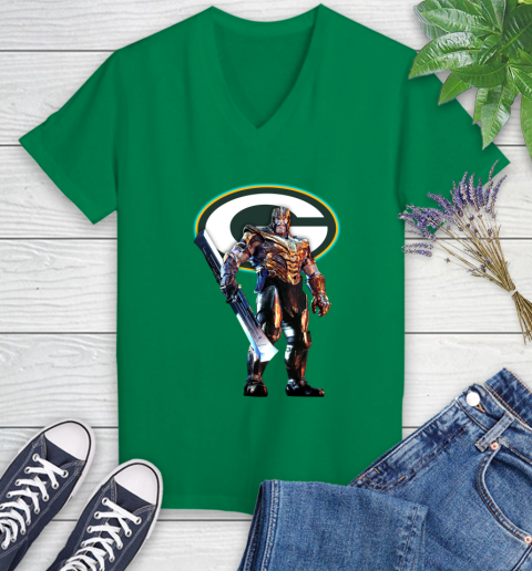 NFL Thanos Gauntlet Avengers Endgame Football Green Bay Packers Women's V-Neck T-Shirt 5