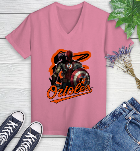 MLB Captain America Thor Spider Man Hawkeye Avengers Endgame Baseball Baltimore Orioles Women's V-Neck T-Shirt 13