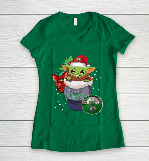 Boston Celtics Christmas Baby Yoda Star Wars Funny Happy NBA Women's V-Neck T-Shirt 5