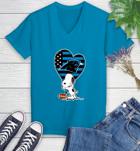 Carolina Panthers NFL Football The Peanuts Movie Adorable Snoopy Women's V-Neck T-Shirt 7