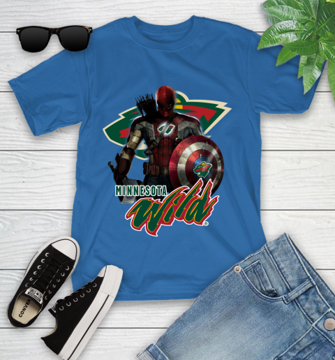 NHL Captain America Thor Spider Man Hawkeye Avengers Endgame Hockey Minnesota Wild Youth T-Shirt 9